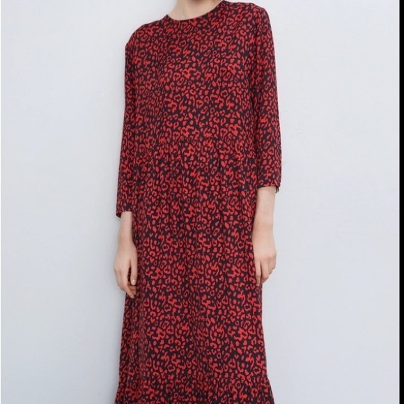 Zara Red Leopard Print Long Sleeve Maxi Dress, Medium - Picture 4 of 12